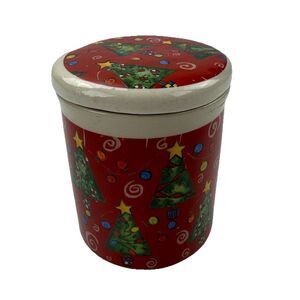 Merry Brite Stoneware Christmas Canister Jar Red Trees Vintage Ceramic Lid